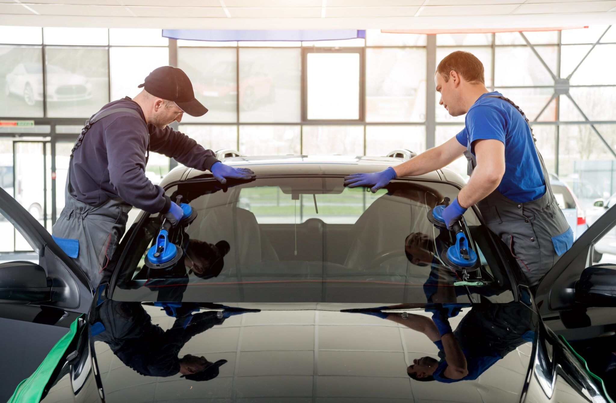 Two contractors installing new windshield