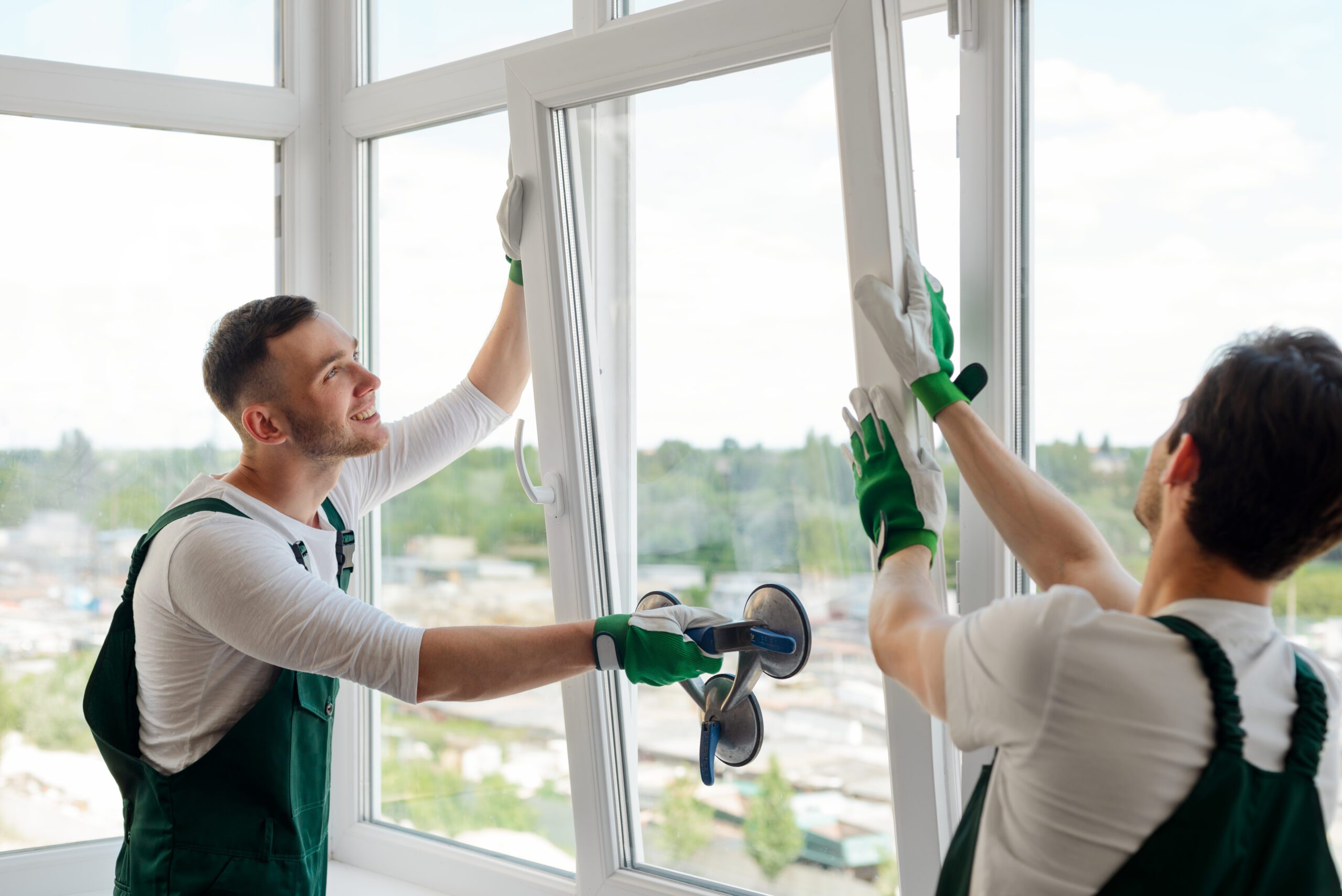 Two contractors installing new glass window