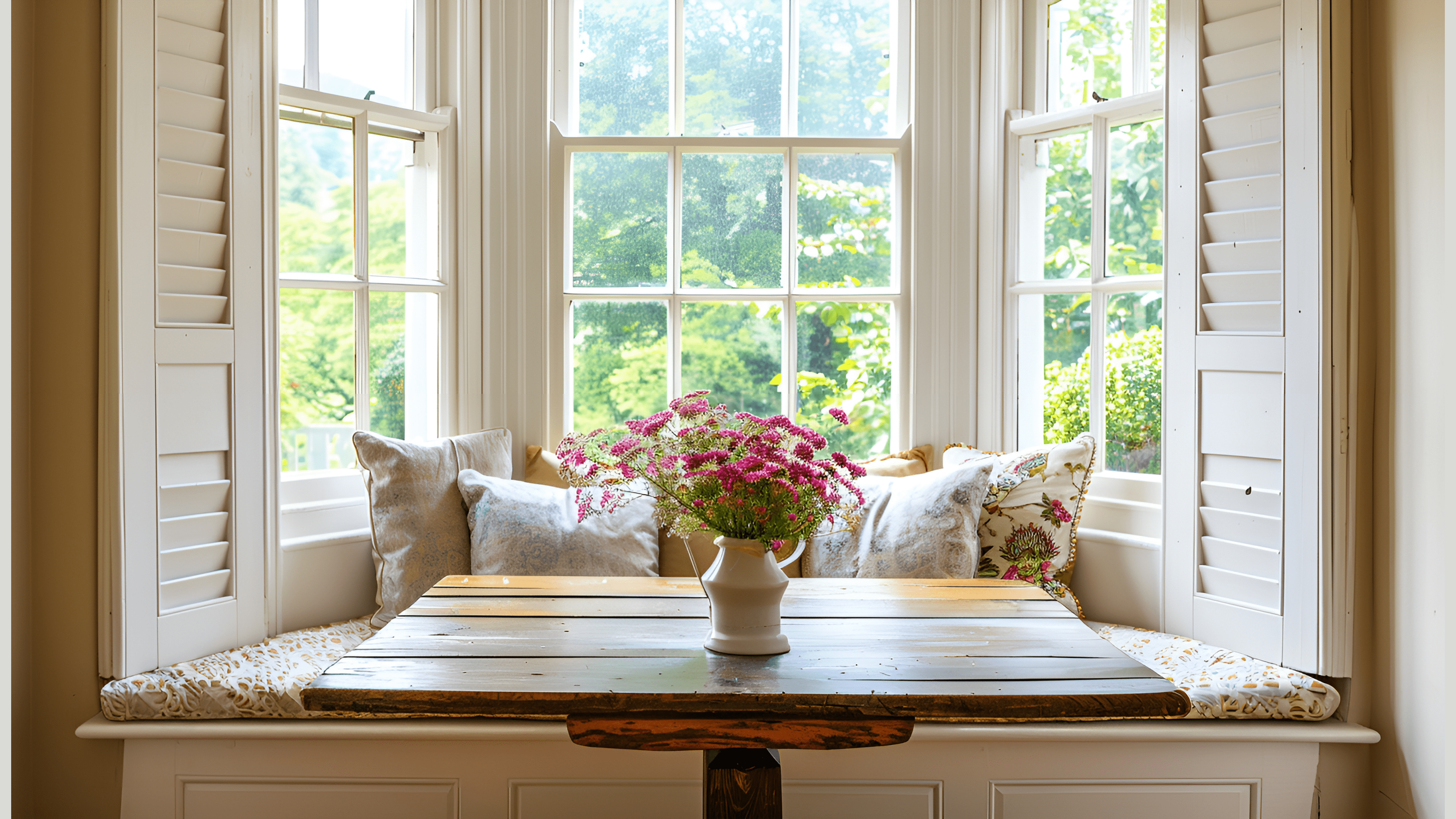 Bright bay window seating area with flowers on coffee table