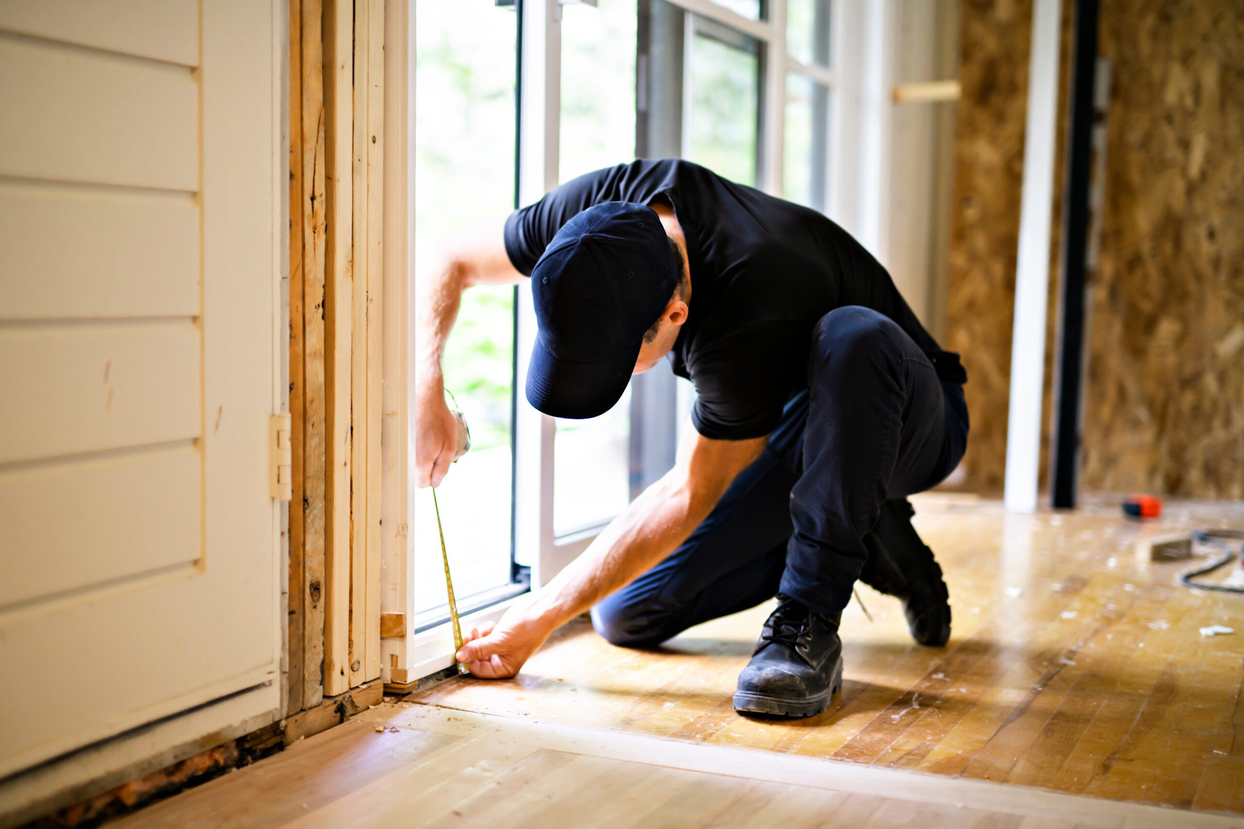 Glass technician installing replacement patio doors in home