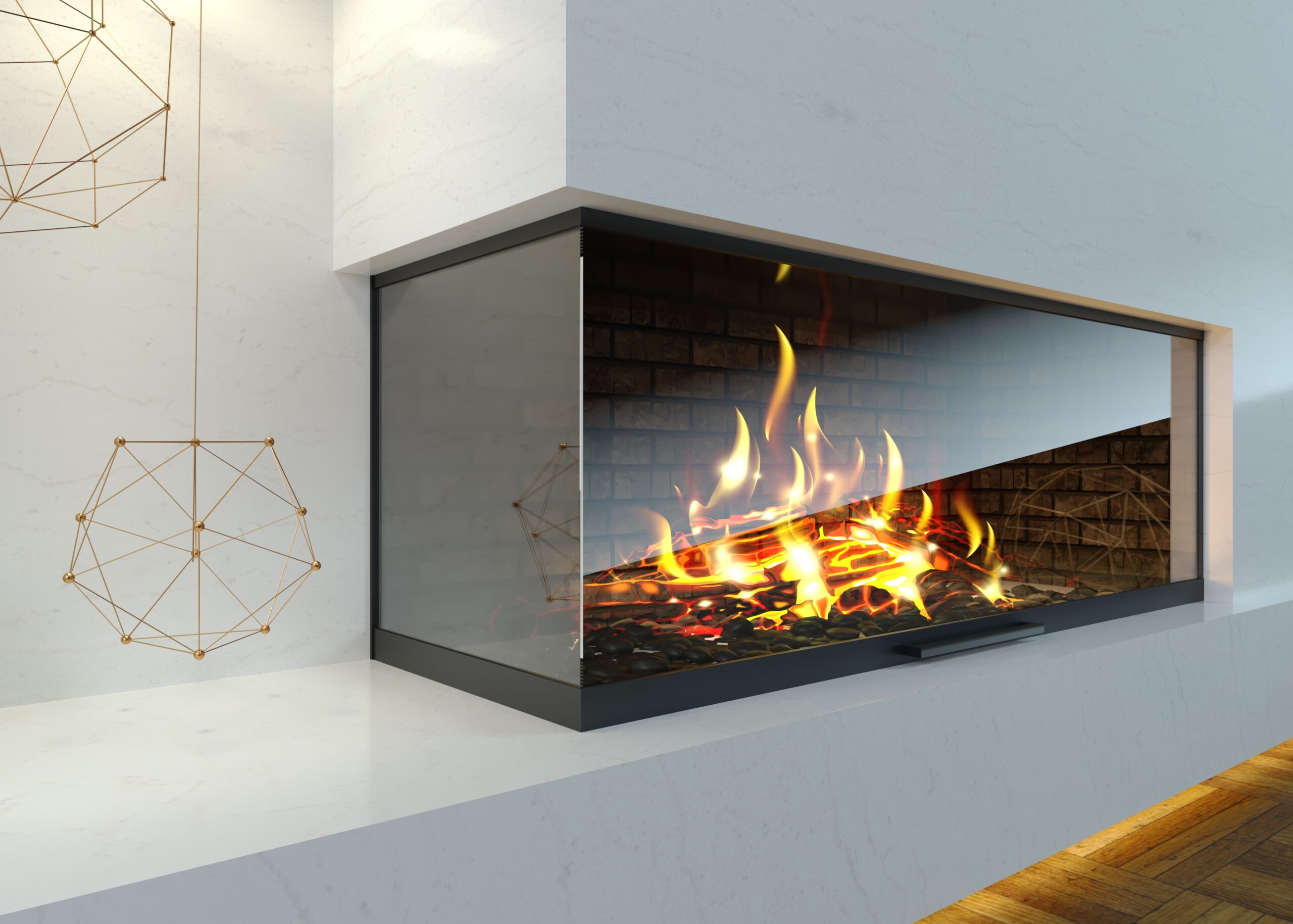 Fireplace glass in modern home