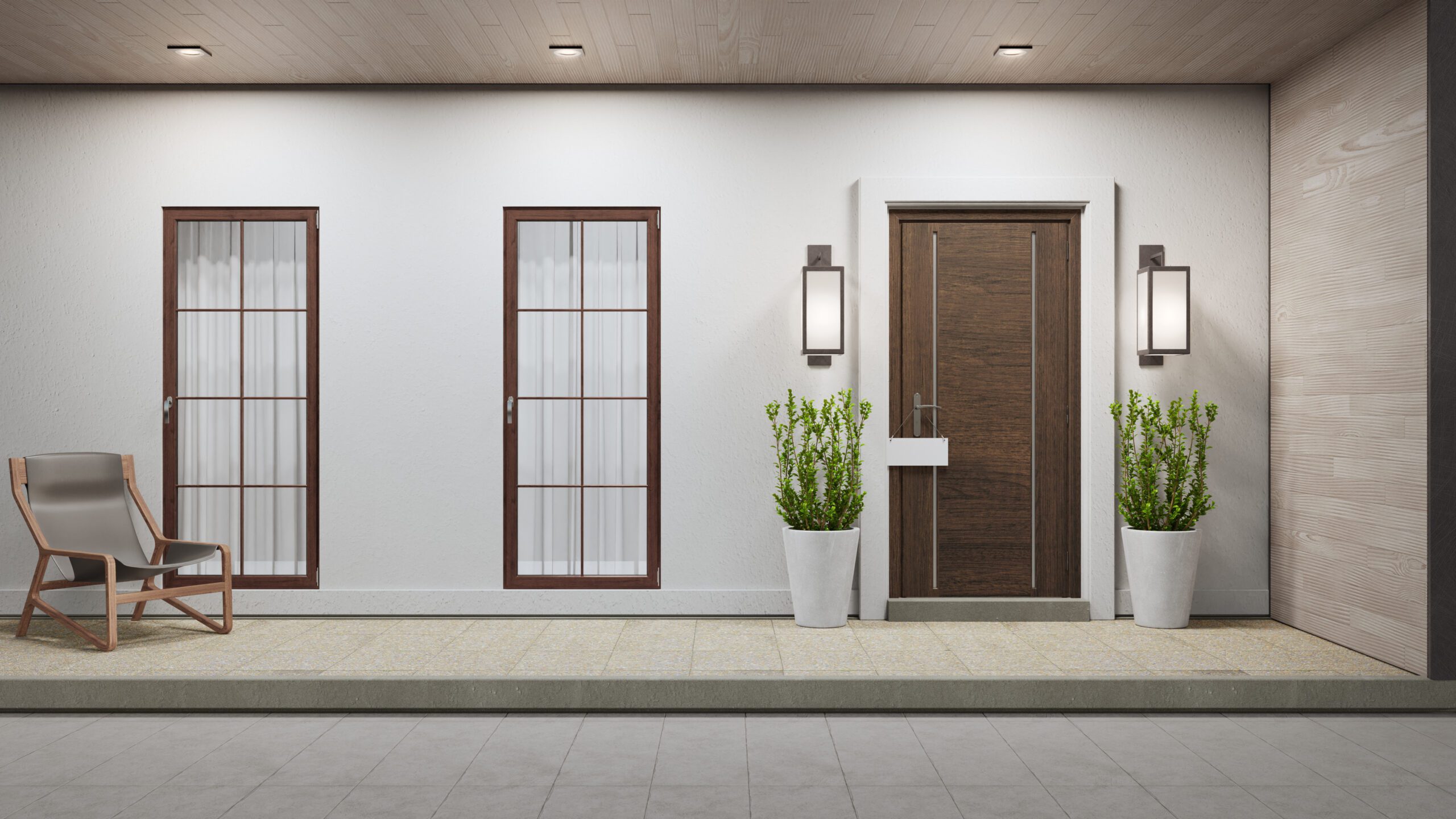 Wood door with large windows on stone porch