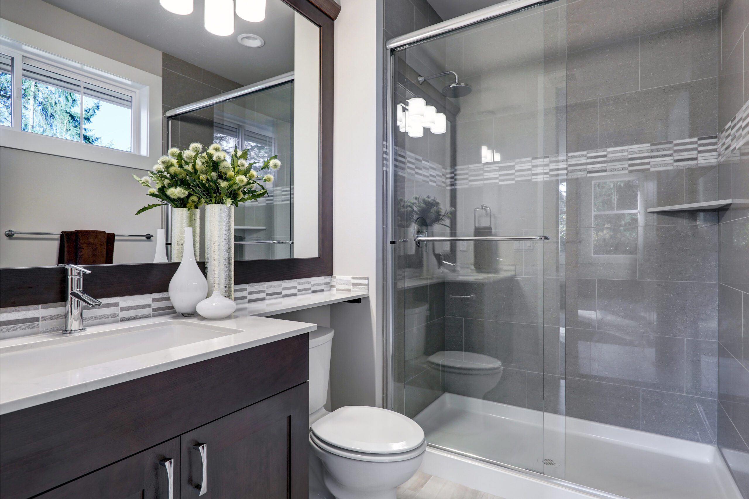 There is a large glass shower and a plant is on the countertop